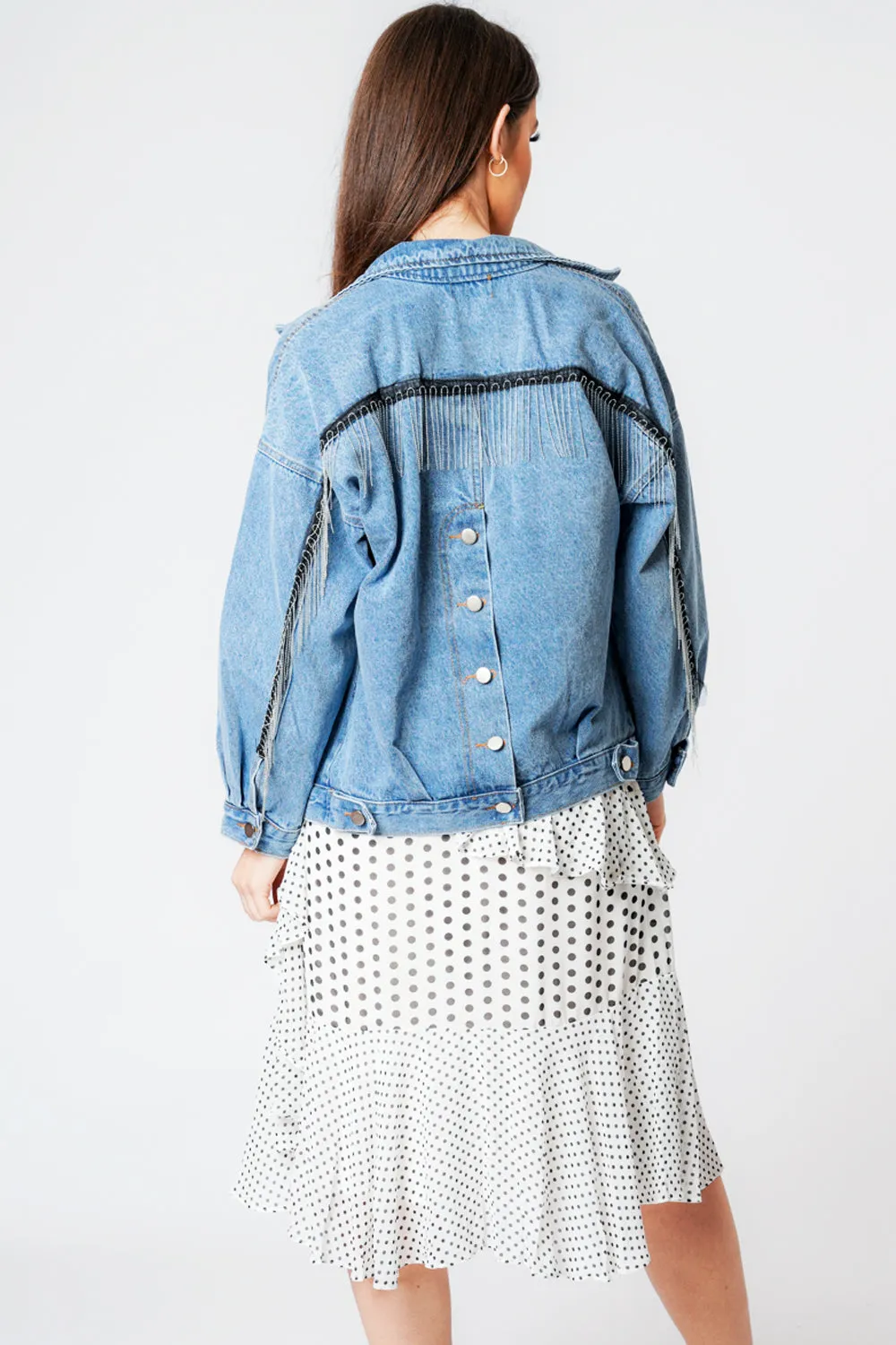 Oversized Denim Blue Beaded Fringe Button Up Jacket