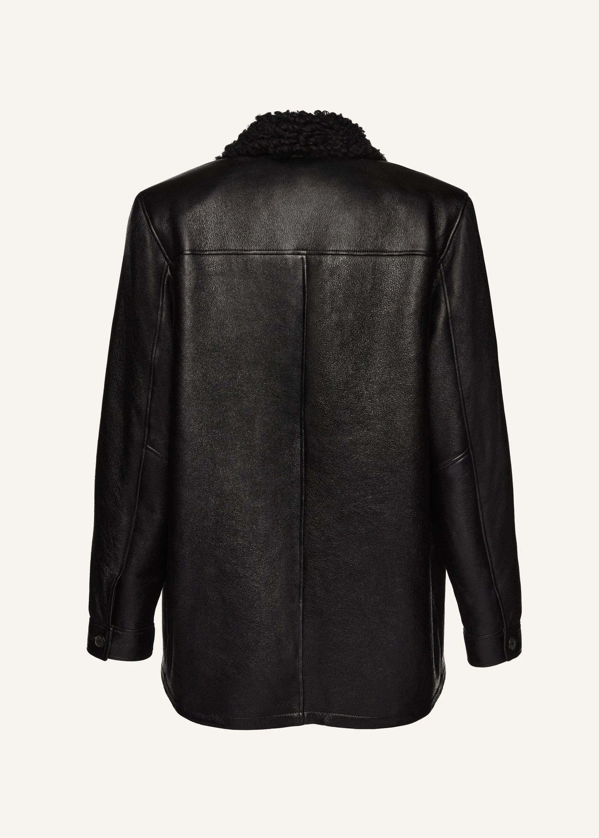 Oversized shearling-trim leather button-up jacket in black