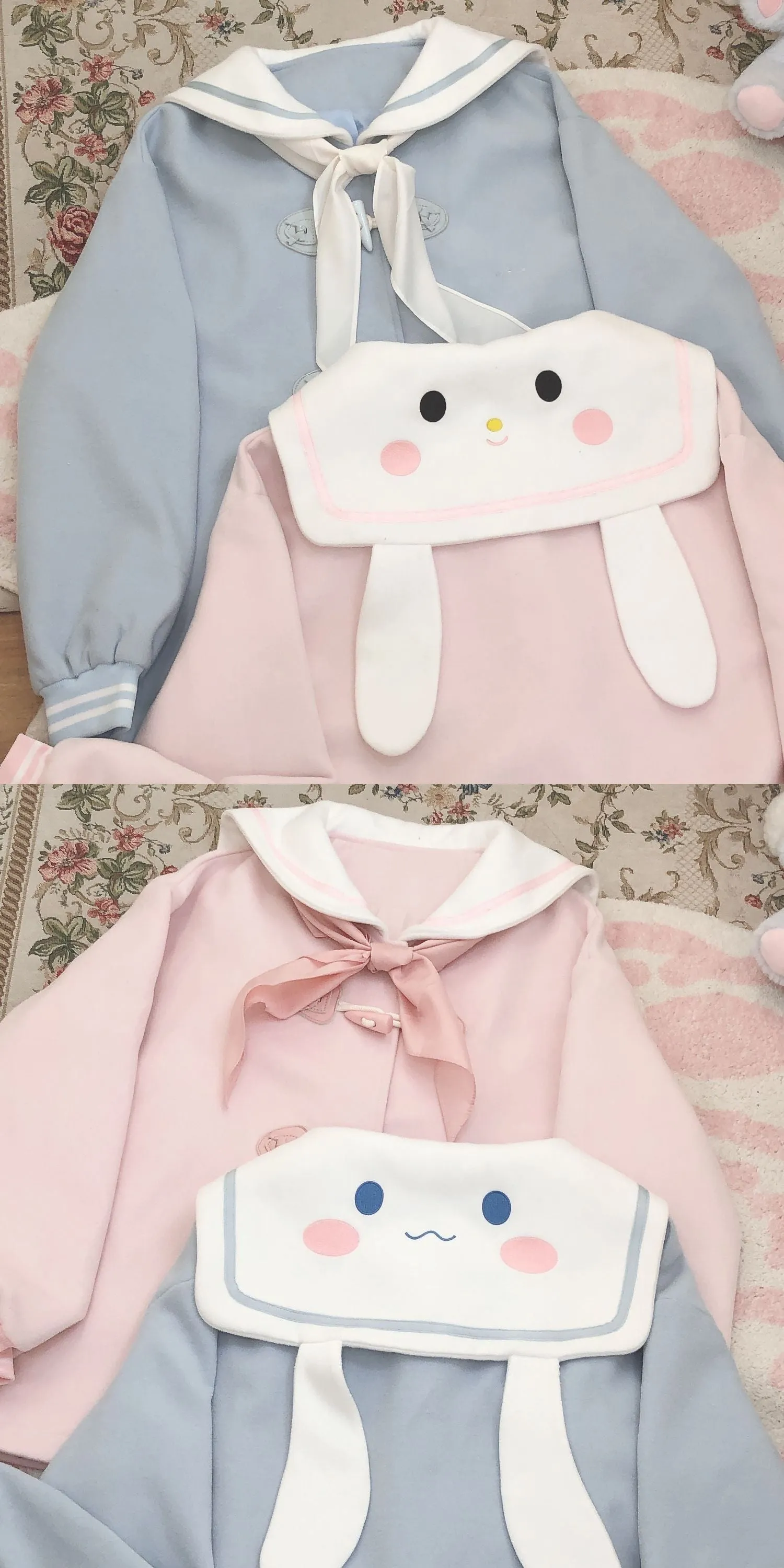 Pastel Pink Blue Melody Cinnamon Dog Sailor Collar Horn Buttons Winter Duffle Coat