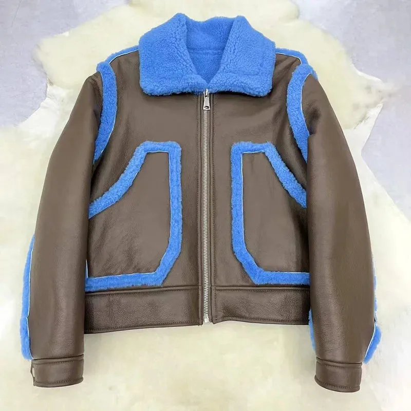 Patchwork Genuine Sheepskin Leather Short Shearling Jacket for Women (3 colors)