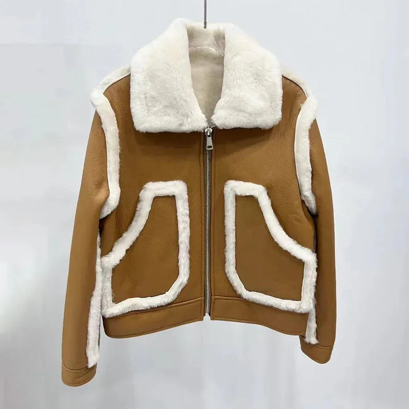 Patchwork Genuine Sheepskin Leather Short Shearling Jacket for Women (3 colors)