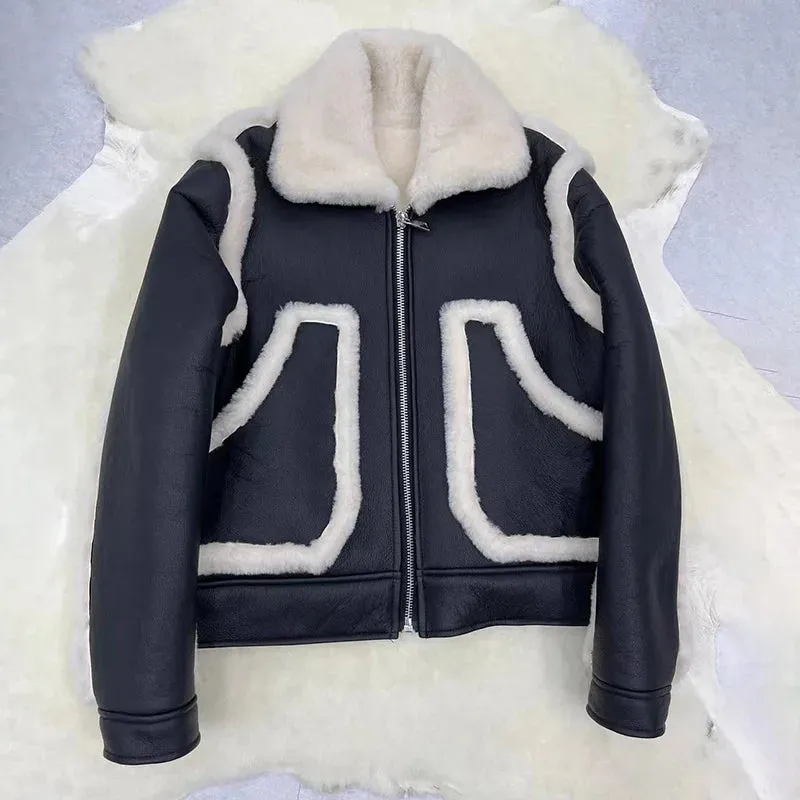 Patchwork Genuine Sheepskin Leather Short Shearling Jacket for Women (3 colors)