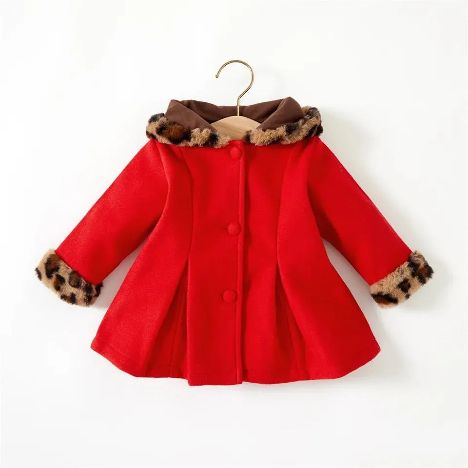 PatPat Baby Red Long-sleeve Button Down Leopard Hooded Wool Blend Coat 3-6M 20040856