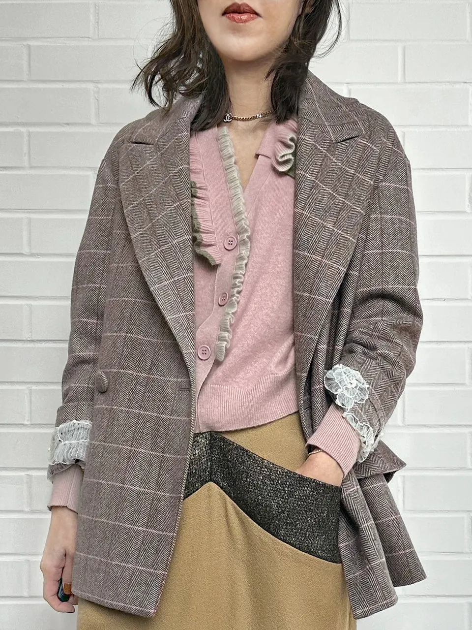 Pink Check Drop Shoulder Relaxed Fit Ruffle Trimmed Wool Blazer