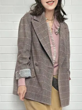 Pink Check Drop Shoulder Relaxed Fit Ruffle Trimmed Wool Blazer