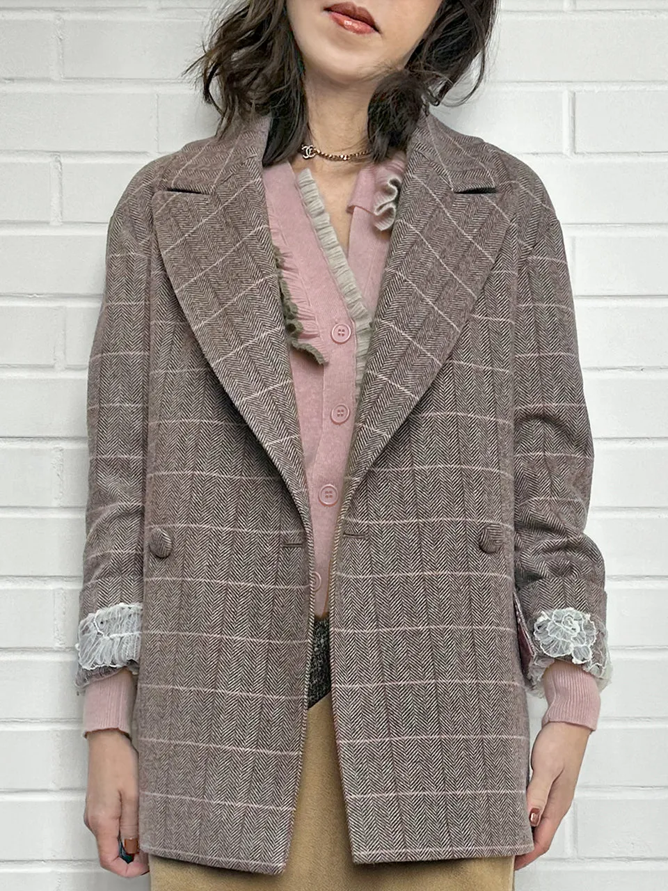 Pink Check Drop Shoulder Relaxed Fit Ruffle Trimmed Wool Blazer