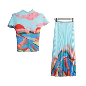 Pre Order:  Landscape Art Top Skirt Plisse Set