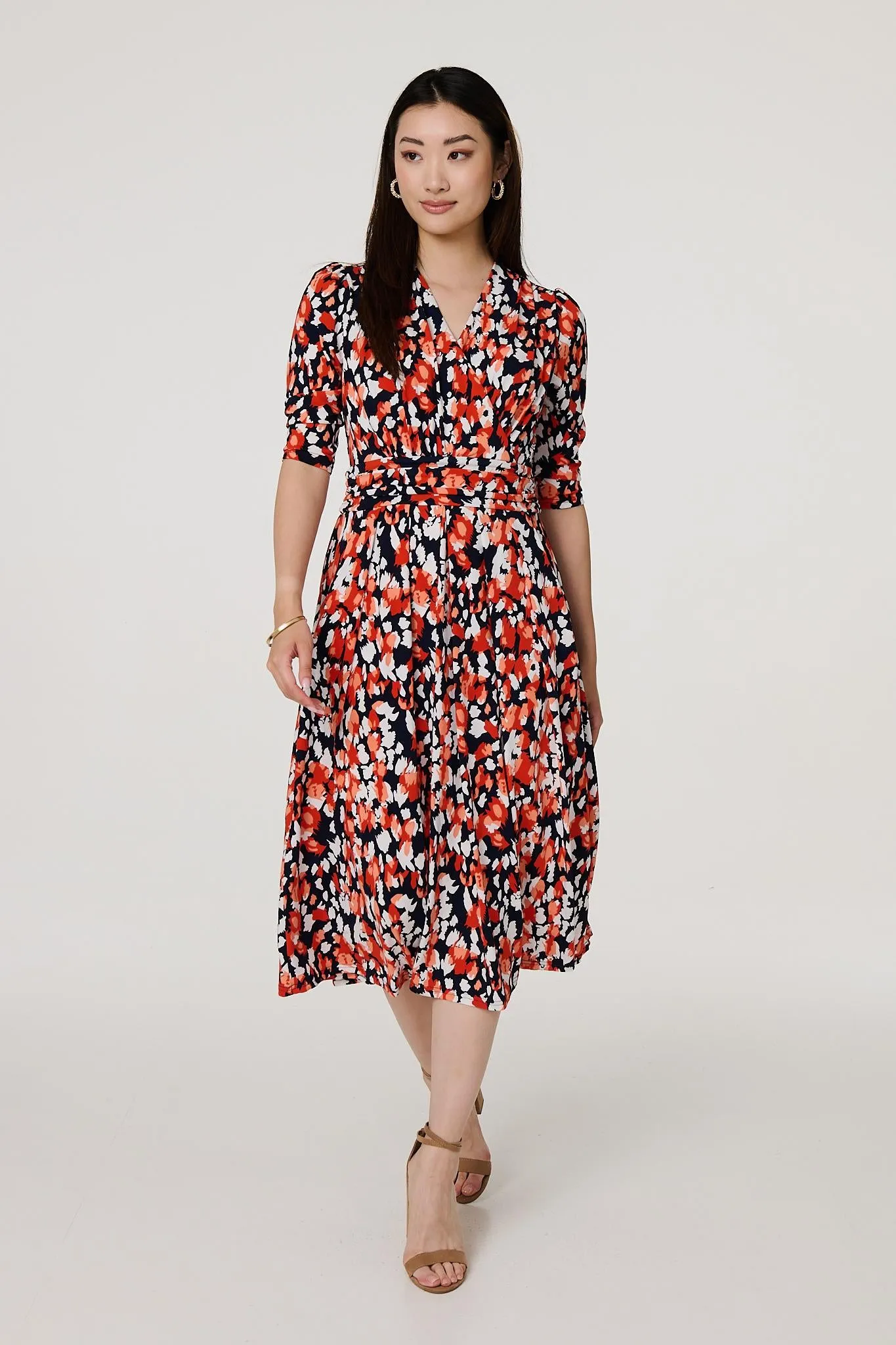 Printed 3/4 Sleeve V-Neck Midi Wrap Dress