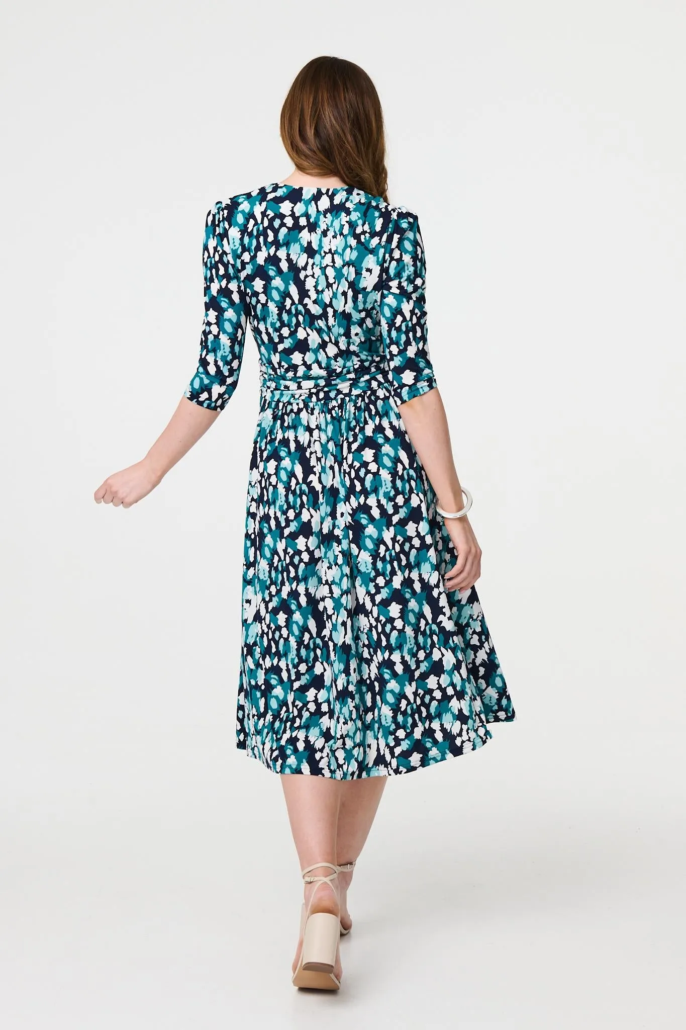 Printed 3/4 Sleeve V-Neck Midi Wrap Dress