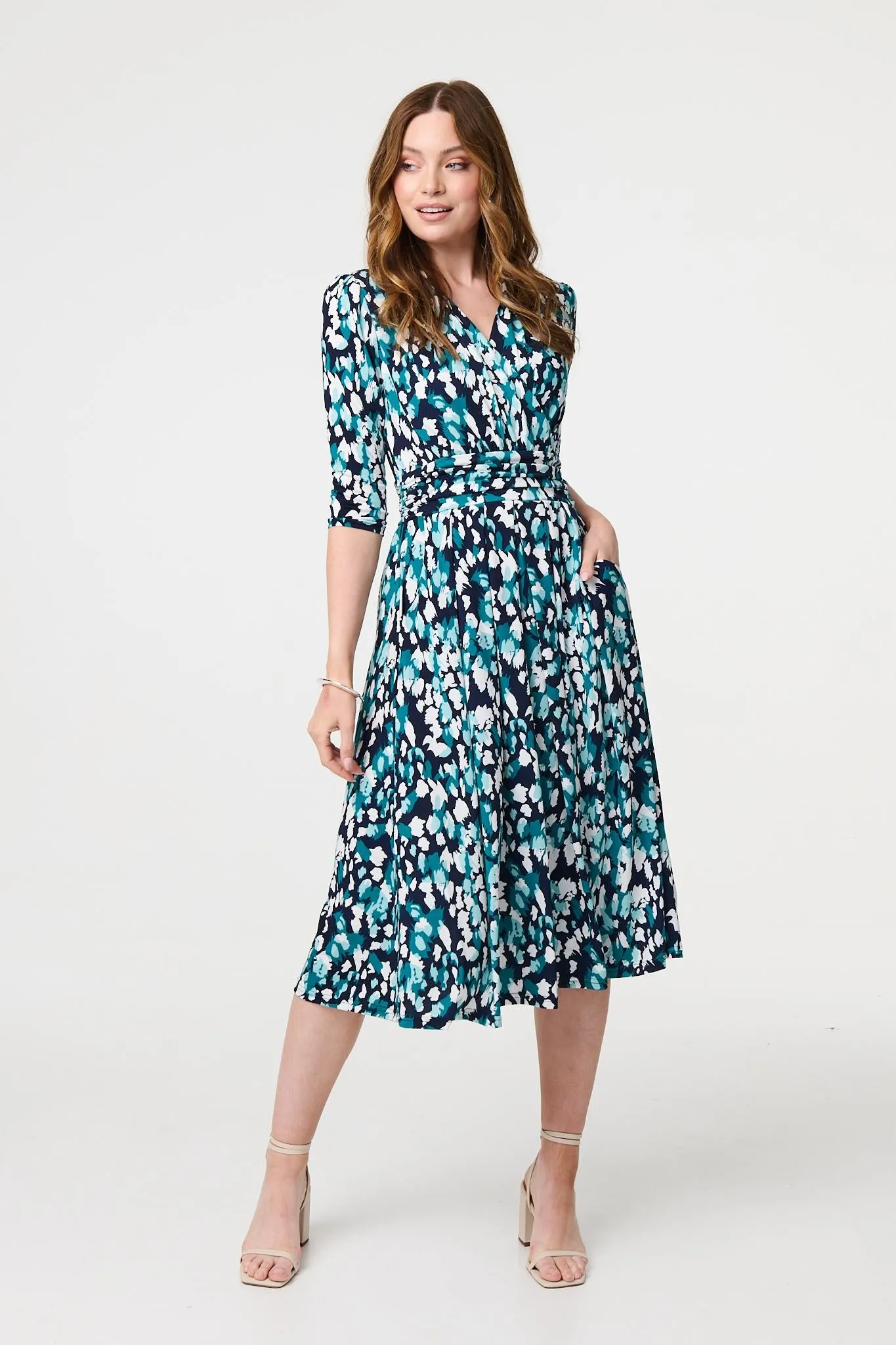 Printed 3/4 Sleeve V-Neck Midi Wrap Dress