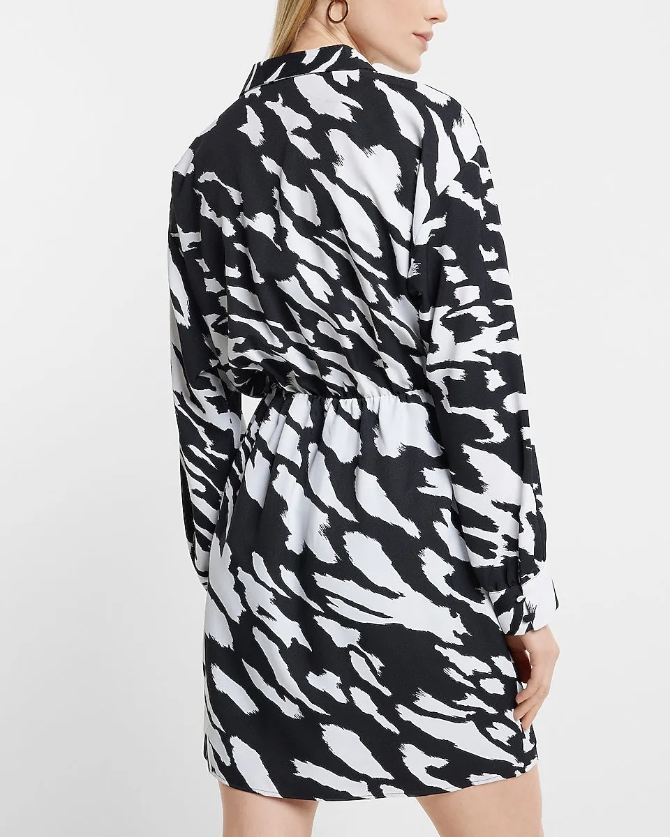 Printed V-Neck Collared Wrap Front Mini Portofino Shirt Dress in Black Print