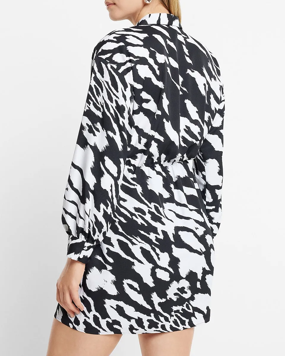 Printed V-Neck Collared Wrap Front Mini Portofino Shirt Dress in Black Print