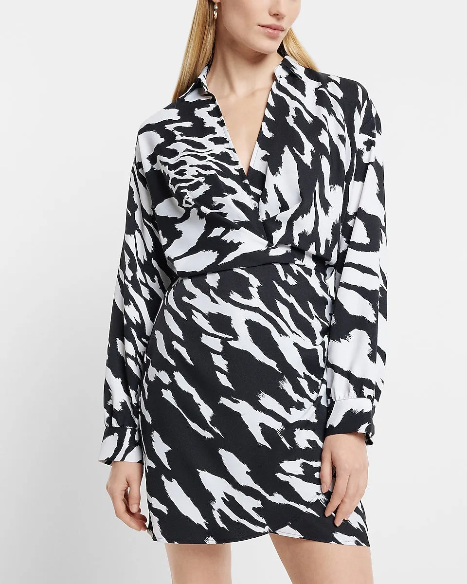 Printed V-Neck Collared Wrap Front Mini Portofino Shirt Dress in Black Print