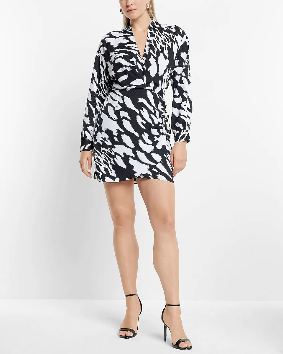 Printed V-Neck Collared Wrap Front Mini Portofino Shirt Dress in Black Print