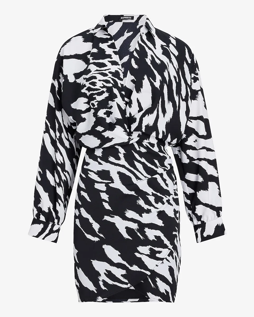 Printed V-Neck Collared Wrap Front Mini Portofino Shirt Dress in Black Print