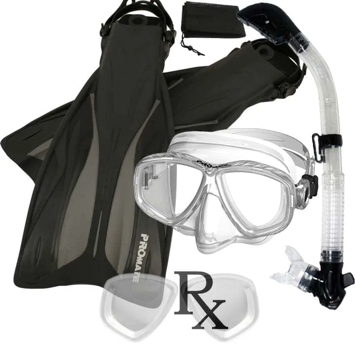 Promate PRESCRIPTION Snorkeling Set, Force Fins Dry Snorkel Scuba Diving Purge Mask - SCS0084 RX