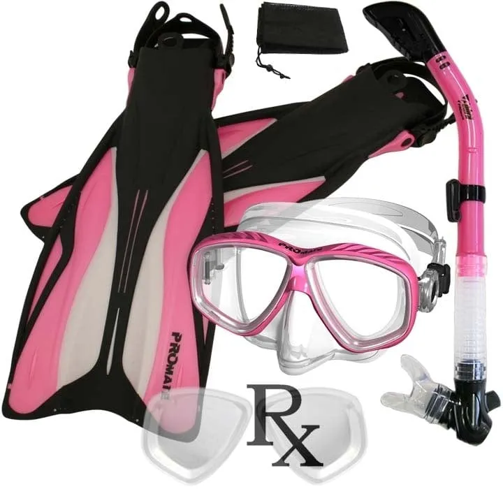 Promate PRESCRIPTION Snorkeling Set, Force Fins Dry Snorkel Scuba Diving Purge Mask - SCS0084 RX