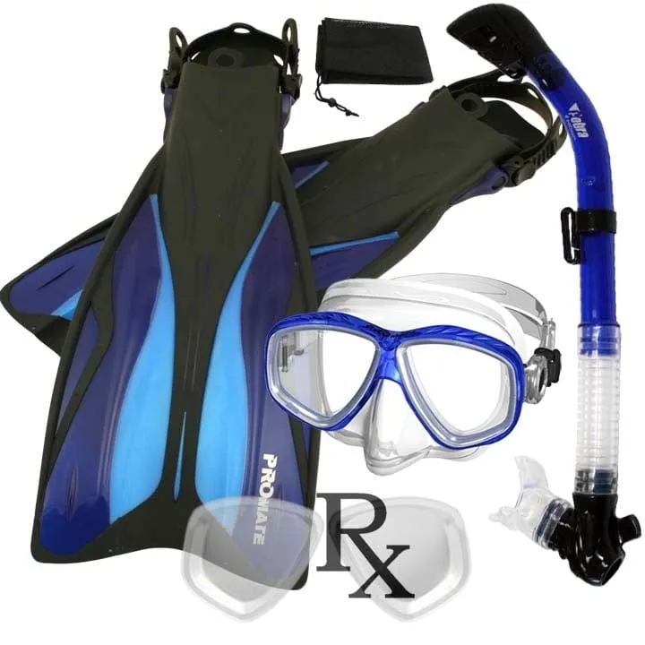 Promate PRESCRIPTION Snorkeling Set, Force Fins Dry Snorkel Scuba Diving Purge Mask - SCS0084 RX