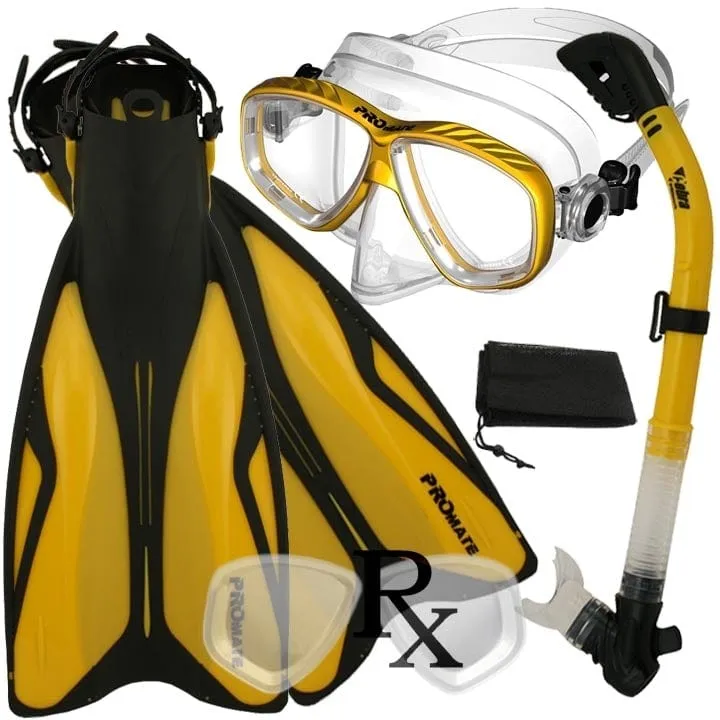 Promate PRESCRIPTION Snorkeling Set, Force Fins Dry Snorkel Scuba Diving Purge Mask - SCS0084 RX