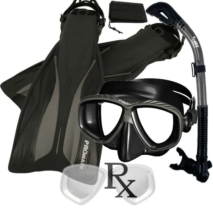 Promate PRESCRIPTION Snorkeling Set, Force Fins Dry Snorkel Scuba Diving Purge Mask - SCS0084 RX