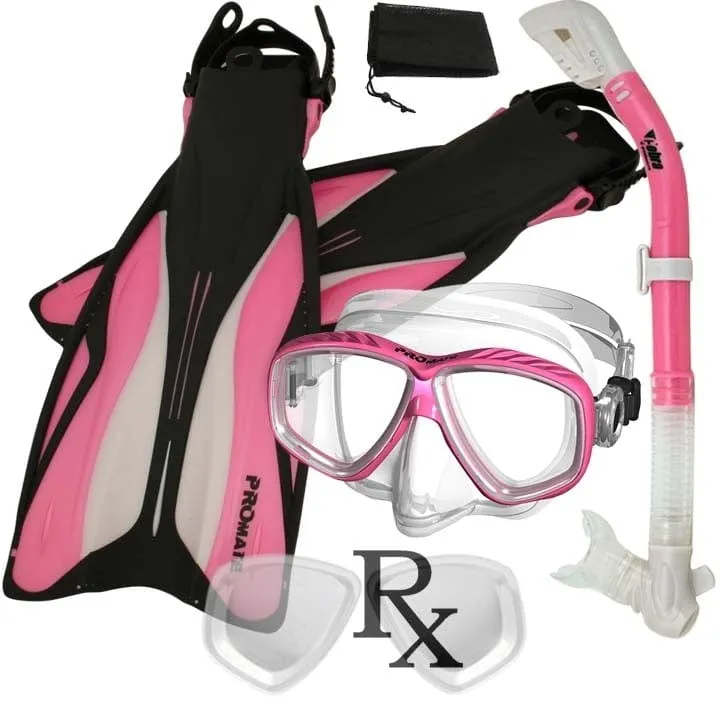 Promate PRESCRIPTION Snorkeling Set, Force Fins Dry Snorkel Scuba Diving Purge Mask - SCS0084 RX