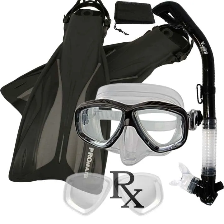 Promate PRESCRIPTION Snorkeling Set, Force Fins Dry Snorkel Scuba Diving Purge Mask - SCS0084 RX