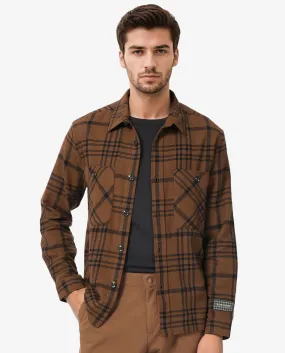 Rare Rabbit Men's Rousso Brown Cotton Fabric Full Sleeve Button Closure Twill Checks Shacket