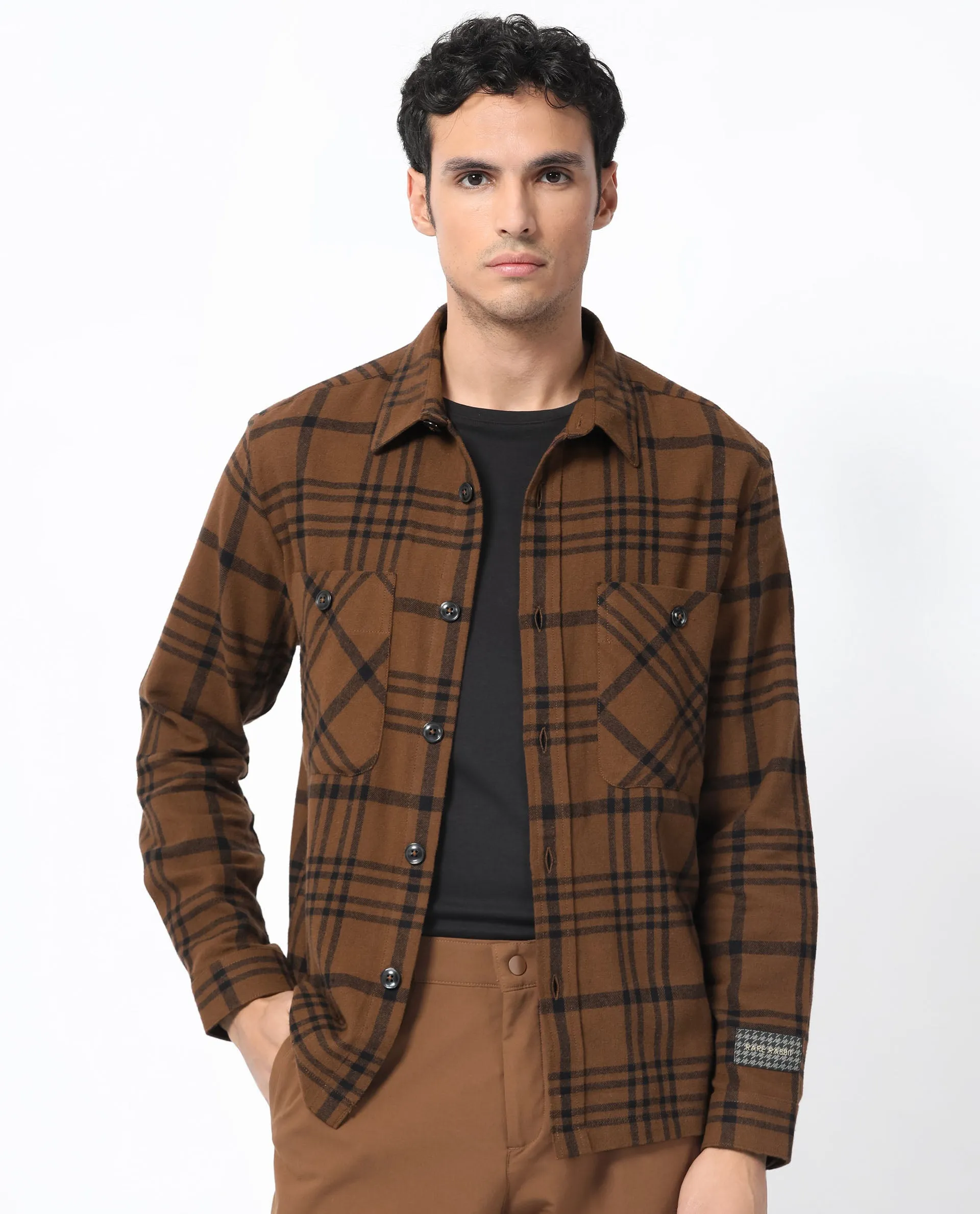 Rare Rabbit Men's Rousso Brown Cotton Fabric Full Sleeve Button Closure Twill Checks Shacket