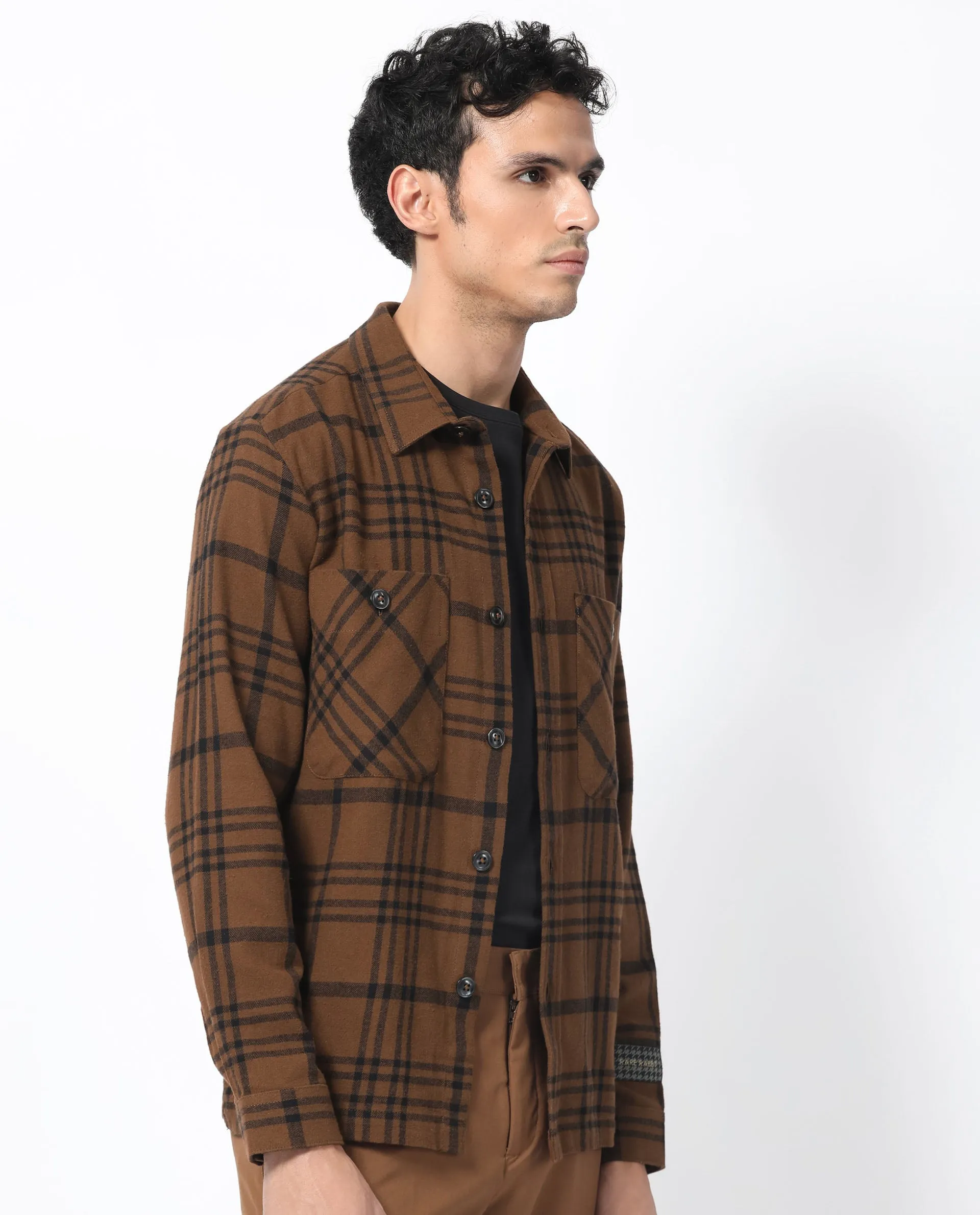 Rare Rabbit Men's Rousso Brown Cotton Fabric Full Sleeve Button Closure Twill Checks Shacket