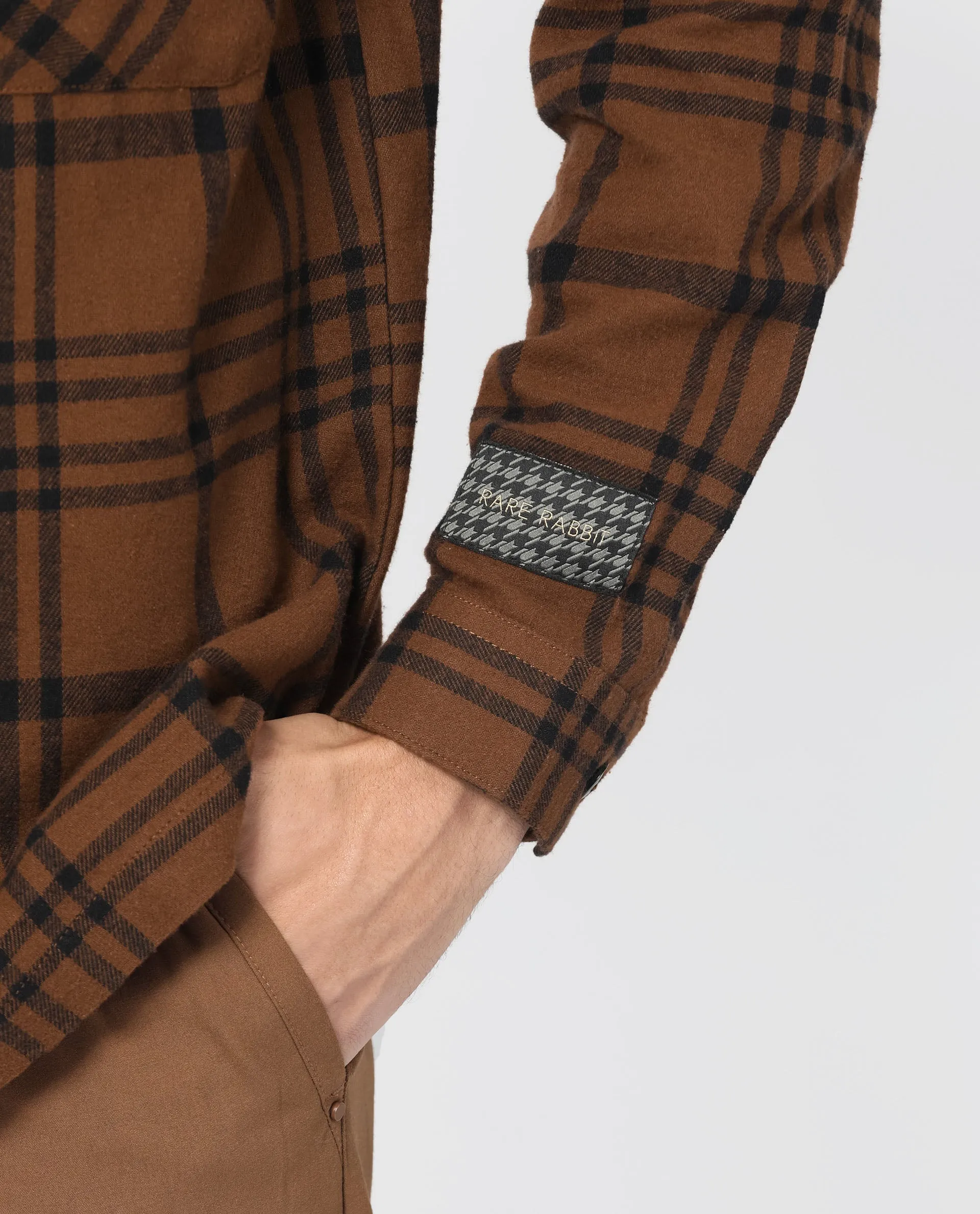 Rare Rabbit Men's Rousso Brown Cotton Fabric Full Sleeve Button Closure Twill Checks Shacket