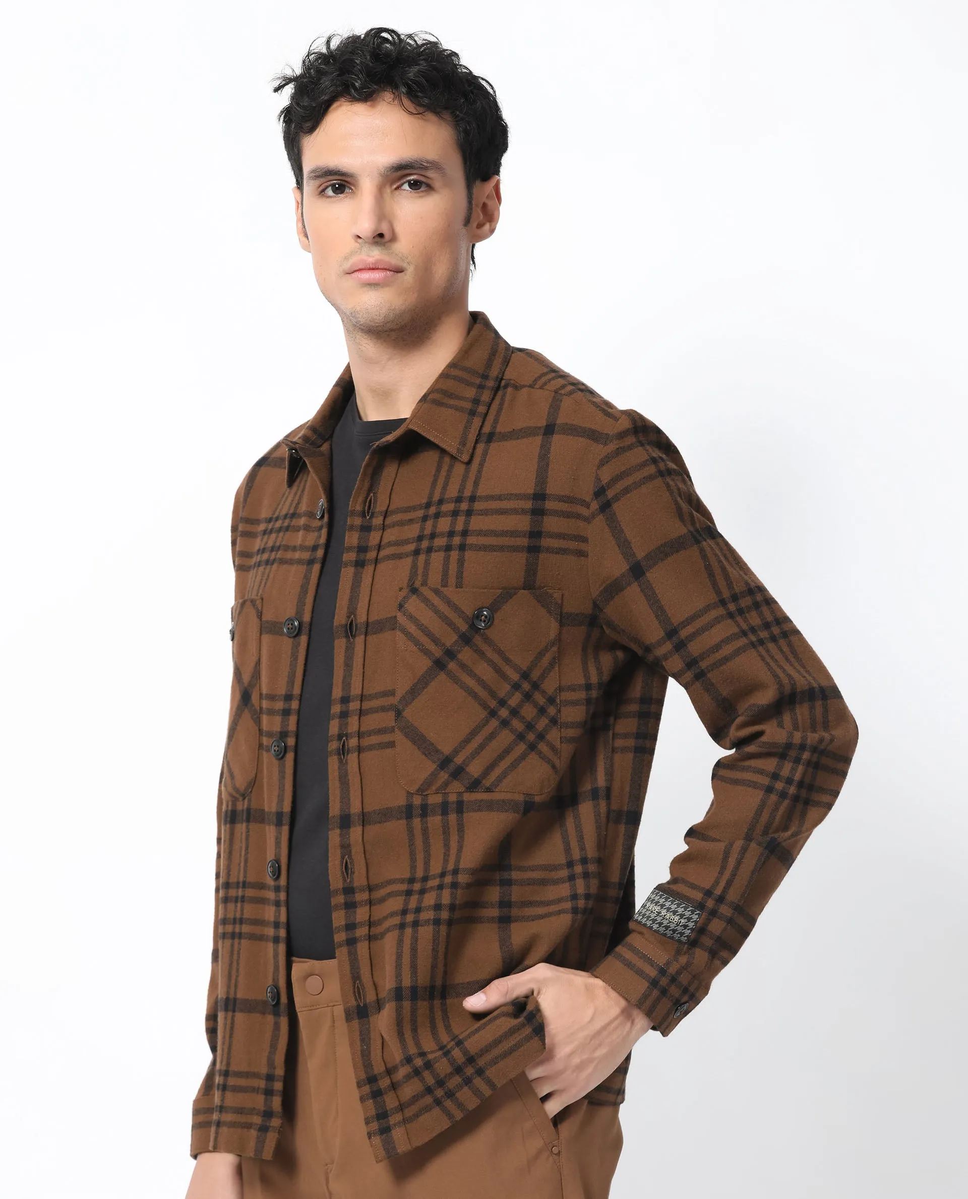 Rare Rabbit Men's Rousso Brown Cotton Fabric Full Sleeve Button Closure Twill Checks Shacket