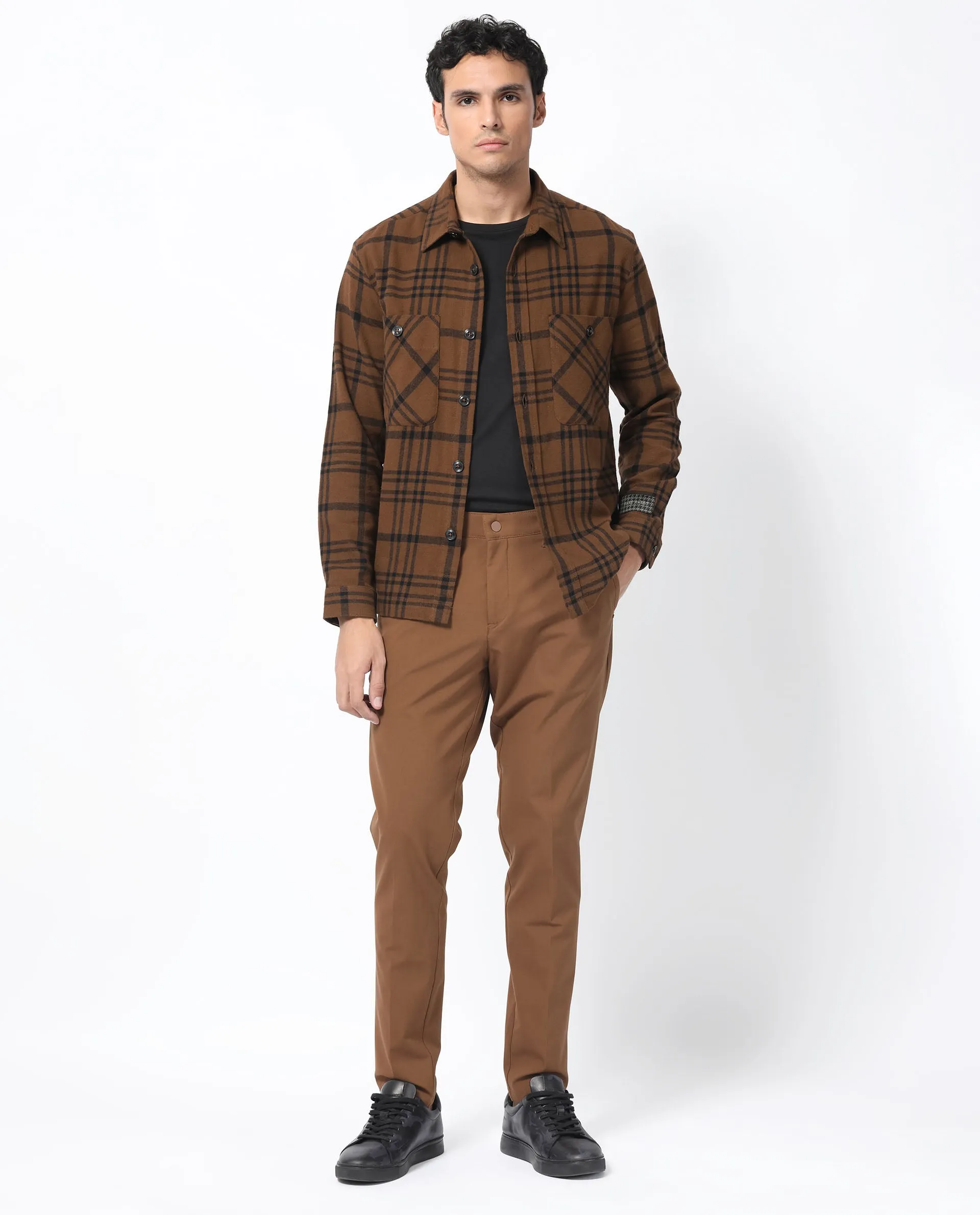 Rare Rabbit Men's Rousso Brown Cotton Fabric Full Sleeve Button Closure Twill Checks Shacket