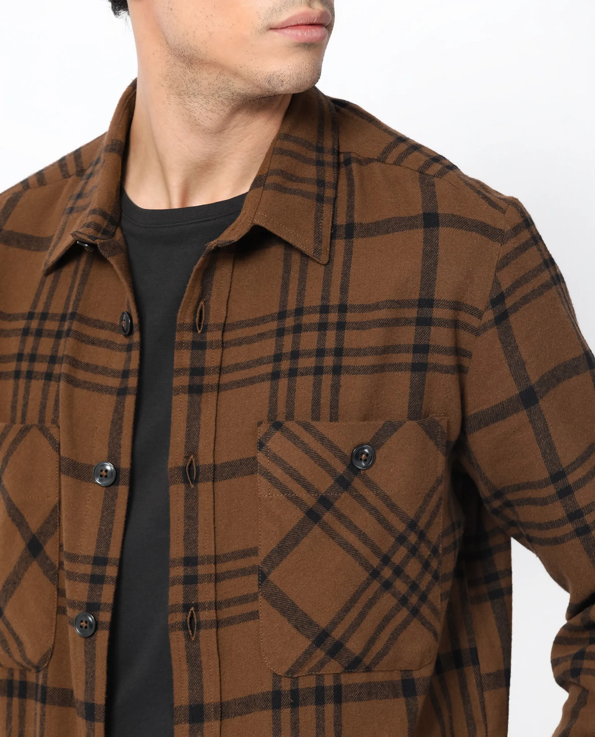 Rare Rabbit Men's Rousso Brown Cotton Fabric Full Sleeve Button Closure Twill Checks Shacket