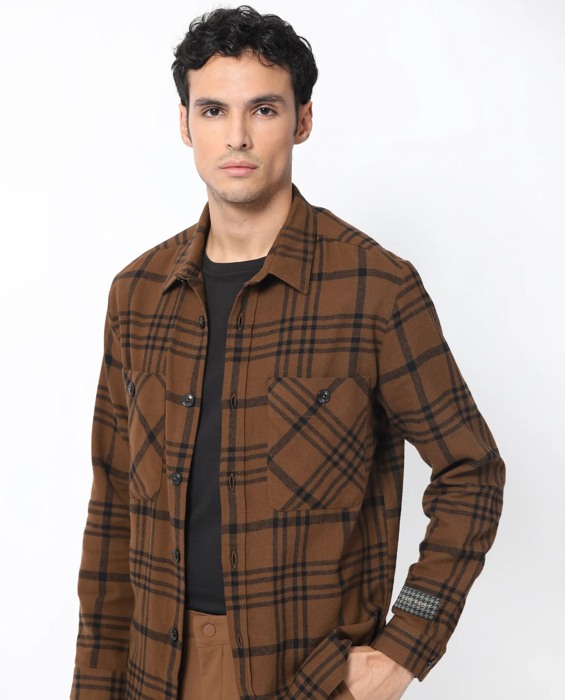 Rare Rabbit Men's Rousso Brown Cotton Fabric Full Sleeve Button Closure Twill Checks Shacket