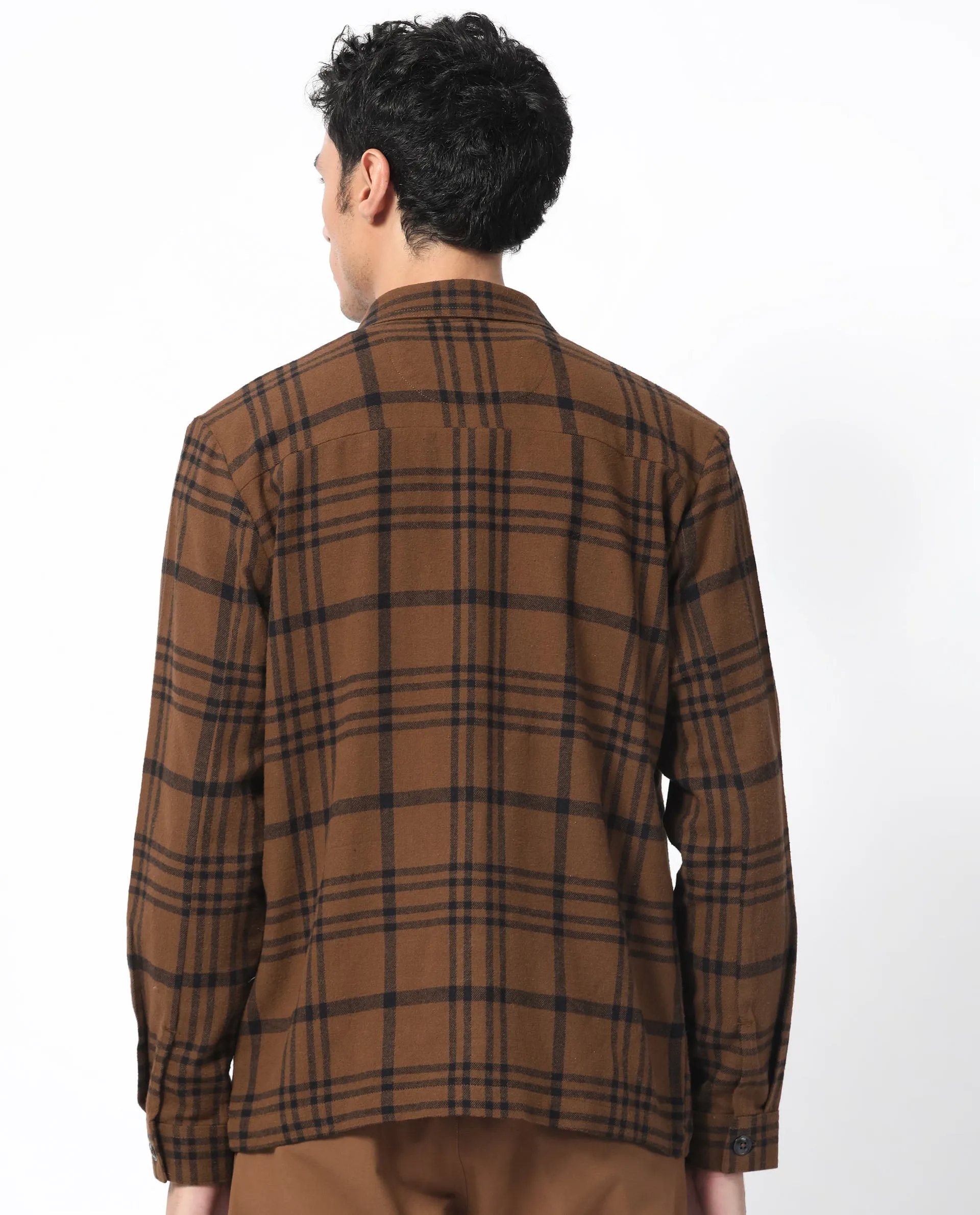 Rare Rabbit Men's Rousso Brown Cotton Fabric Full Sleeve Button Closure Twill Checks Shacket