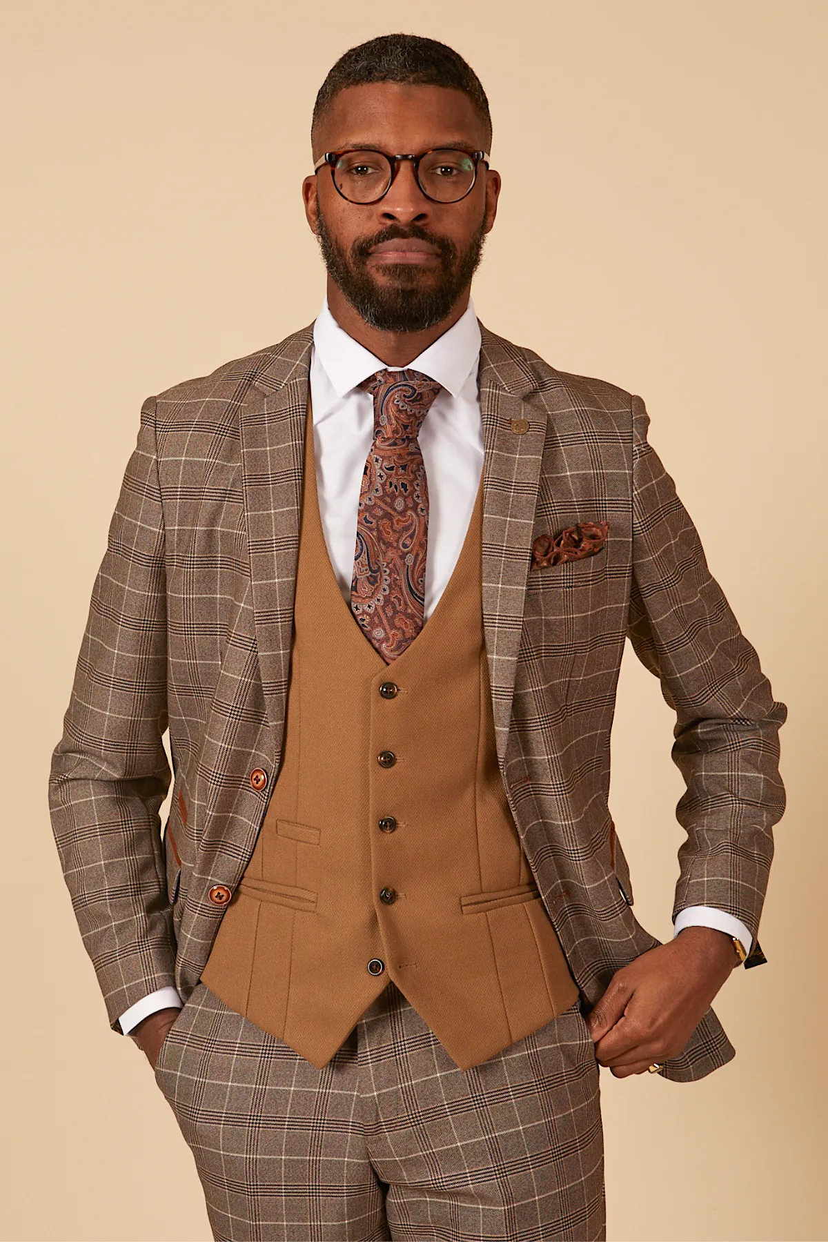 RAY - Tan Check Suit With Kelvin Tan Waistcoat