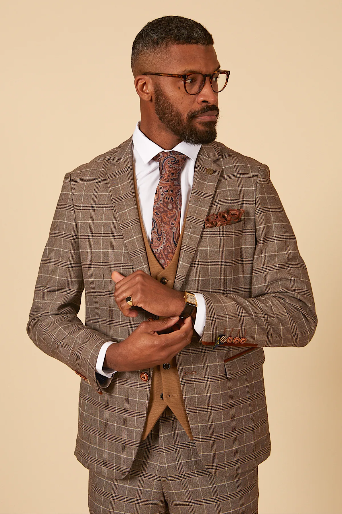 RAY - Tan Check Suit With Kelvin Tan Waistcoat