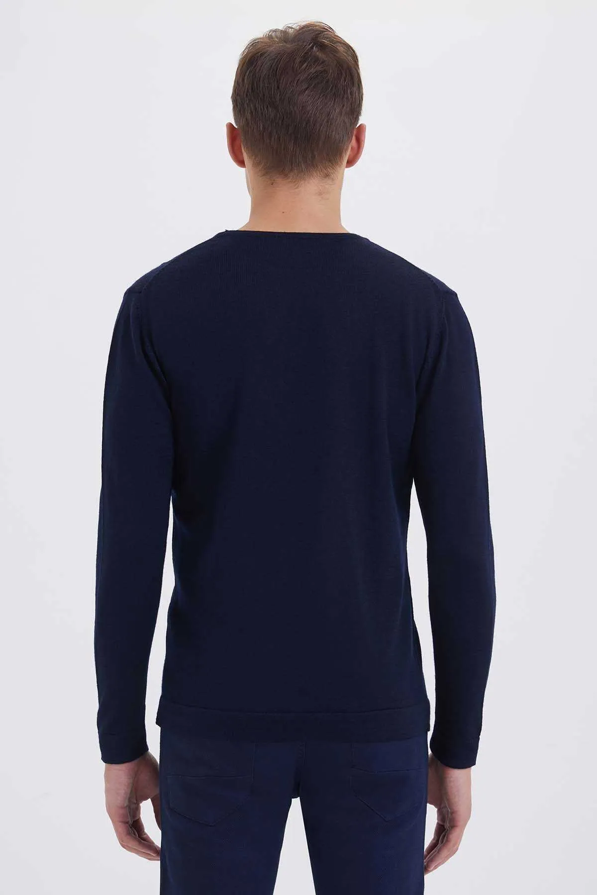 Regular Fit Plain Wool Blend Navy Crewneck Sweater, Navy