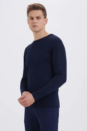 Regular Fit Plain Wool Blend Navy Crewneck Sweater, Navy