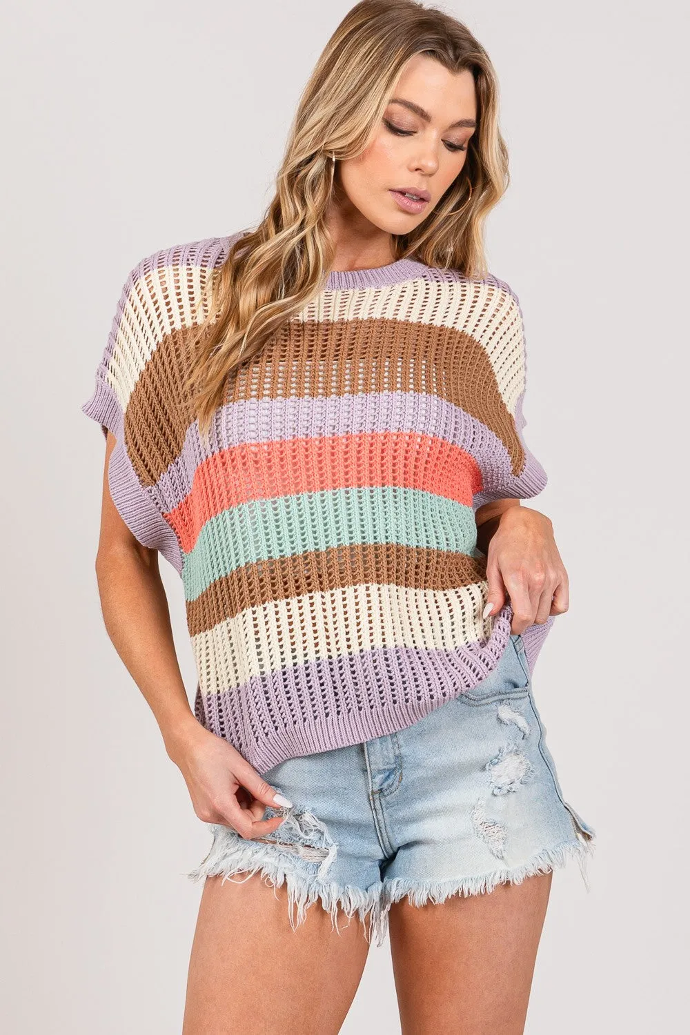 SAGE   FIG Color Block Striped Crochet Sweater