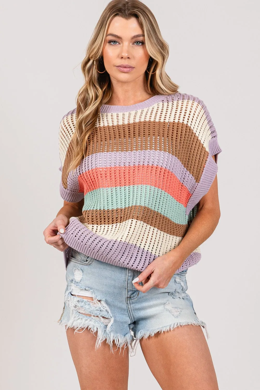 SAGE   FIG Color Block Striped Crochet Sweater