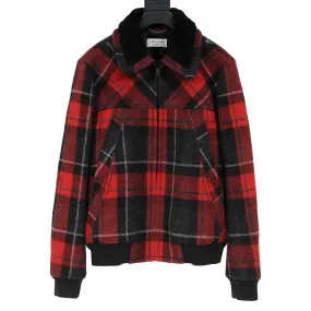 Saint Laurent Red Tartan Print Quilted Wool Shearling Collar Jacket Coat