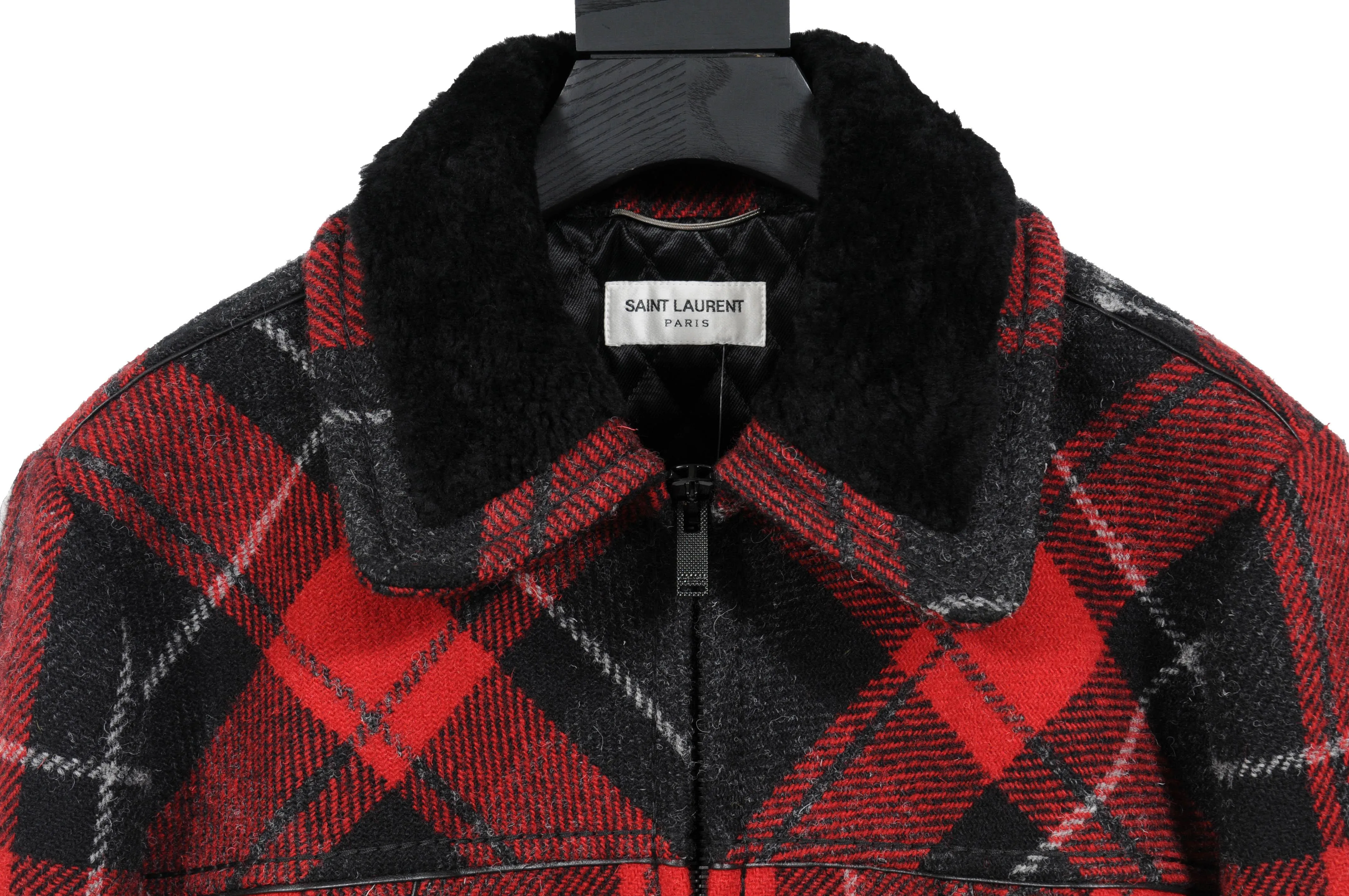 Saint Laurent Red Tartan Print Quilted Wool Shearling Collar Jacket Coat