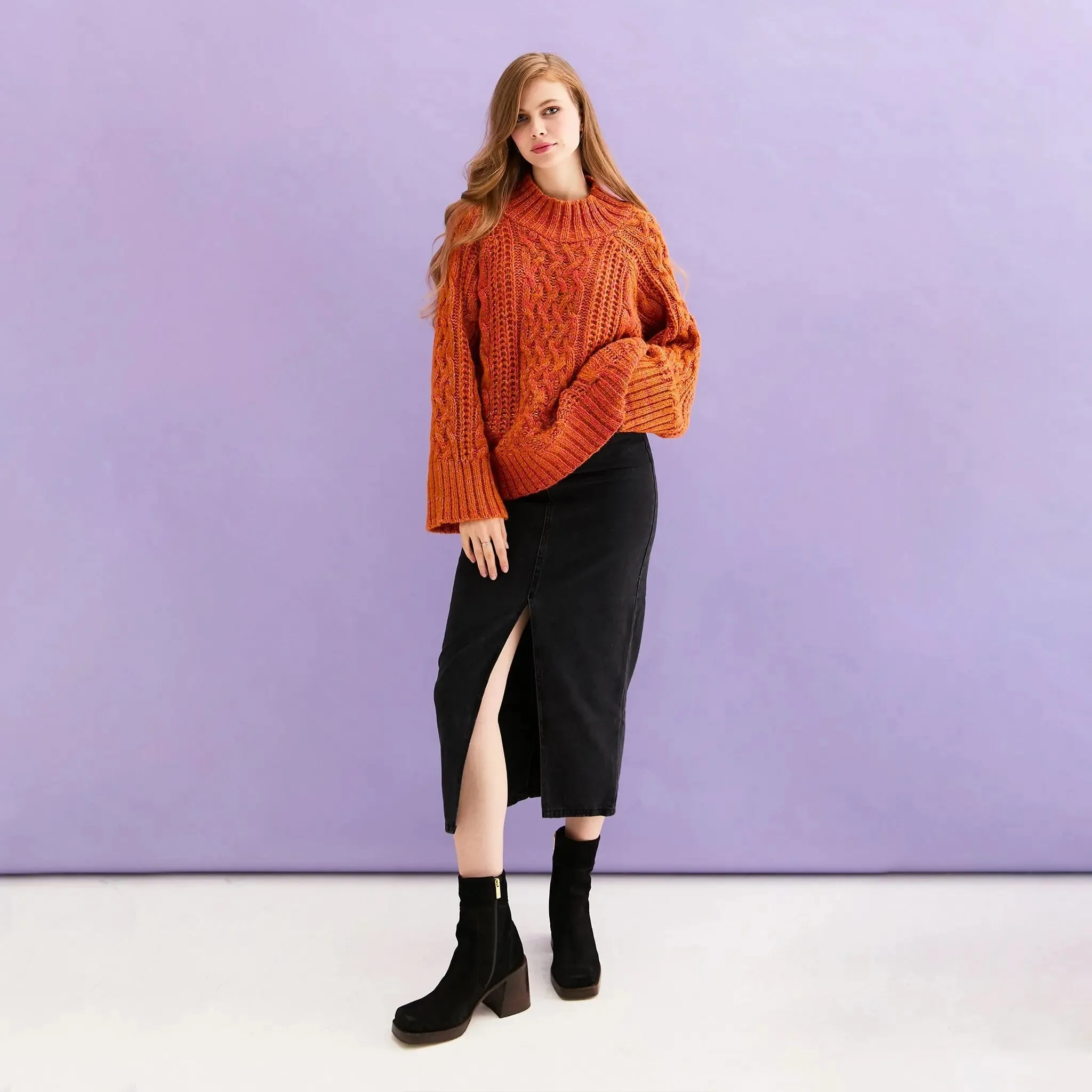 Sarah Cable Wide Sleeve Knit High Neck Jumper - Orange