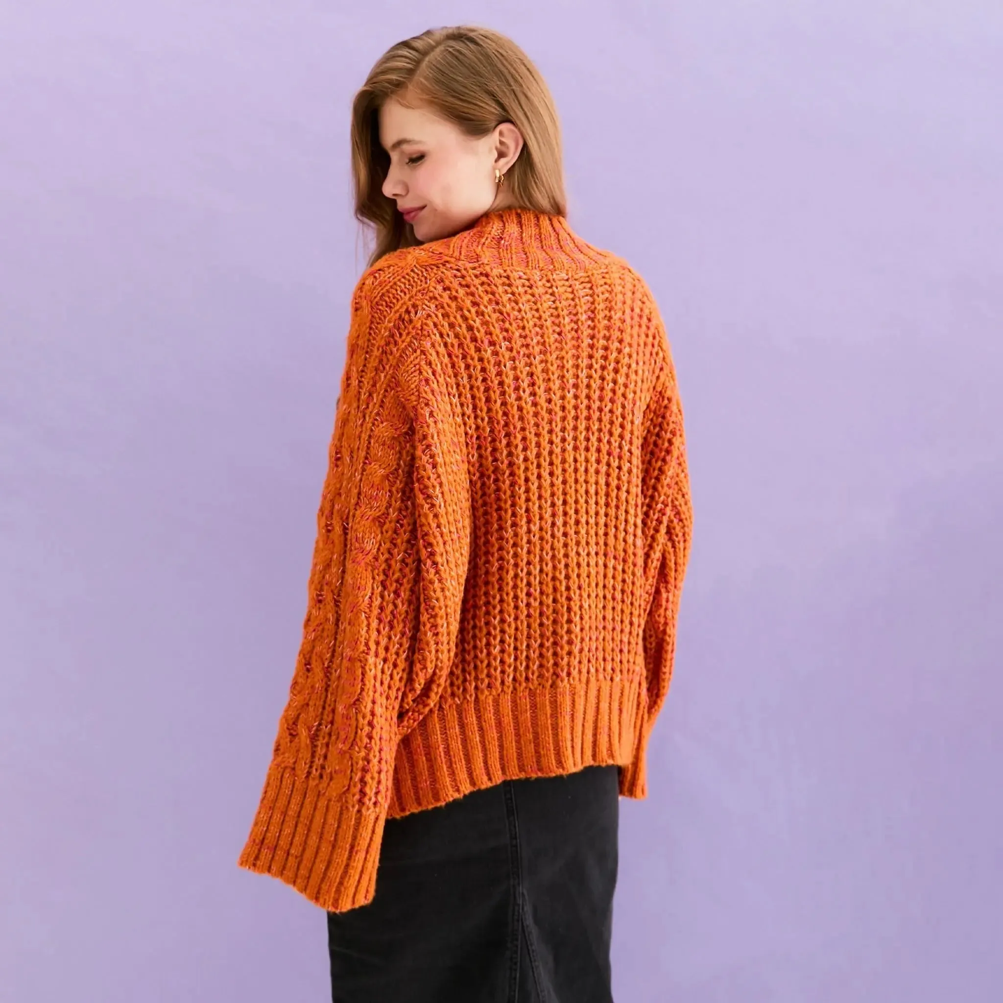 Sarah Cable Wide Sleeve Knit High Neck Jumper - Orange