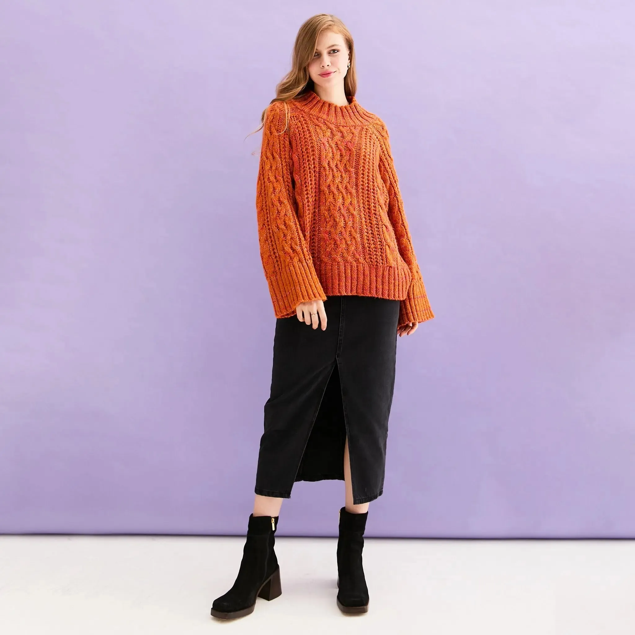 Sarah Cable Wide Sleeve Knit High Neck Jumper - Orange