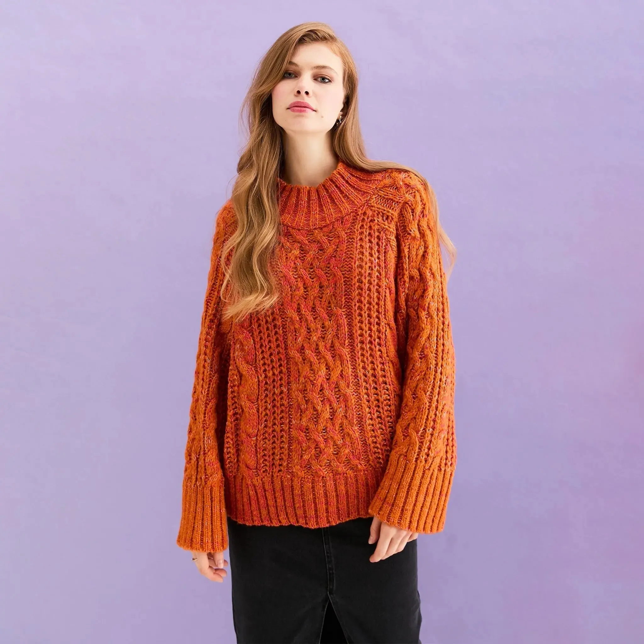 Sarah Cable Wide Sleeve Knit High Neck Jumper - Orange