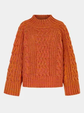 Sarah Cable Wide Sleeve Knit High Neck Jumper - Orange