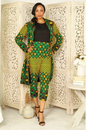 SEIDA African Print Long Blazer (Green/Yellow/Black Pattern)