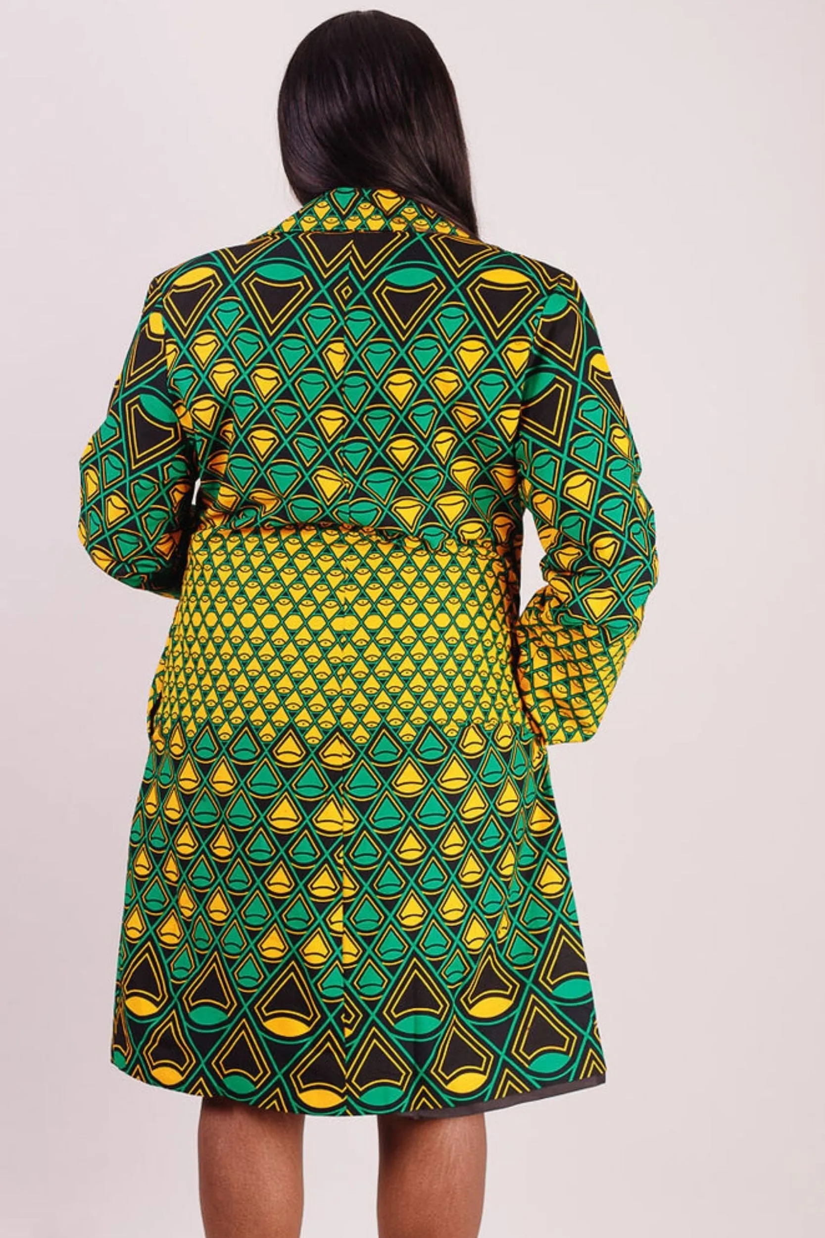 SEIDA African Print Long Blazer (Green/Yellow/Black Pattern)